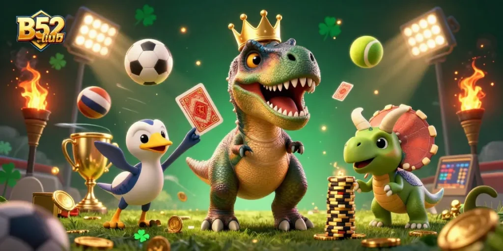 Engage in thrilling experiences at B52club with 3D cartoon characters playing cards and betting in a vibrant casino setting.