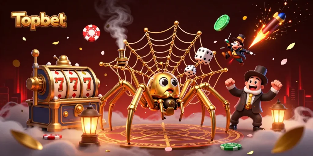 Topbet showcases a lively 3D scene with a golden spider and Victorian fly gentleman amidst dynamic gambling elements.