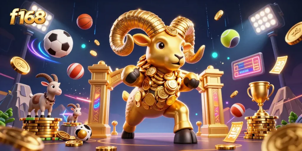 Experience thrilling action at f168 with a golden ram charging through a dynamic casino scene filled with sports elements.