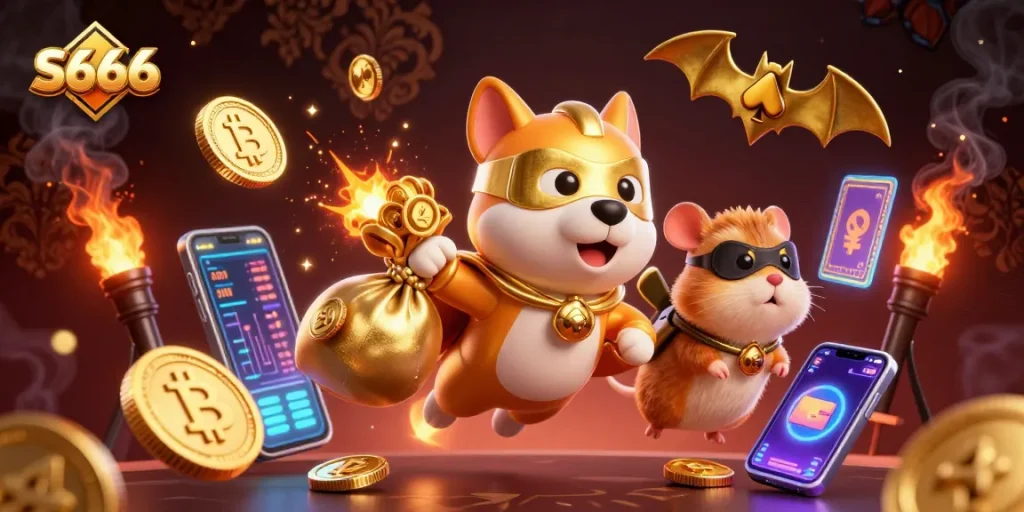 S666 superhero dog flies with coins, showcasing vibrant casino elements and cryptocurrency symbols in action.