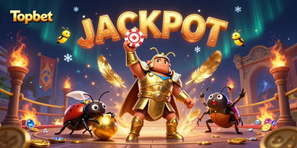 Topbet offers a thrilling jackpot experience with a heroic beetle lifting chips in a vibrant casino scene.