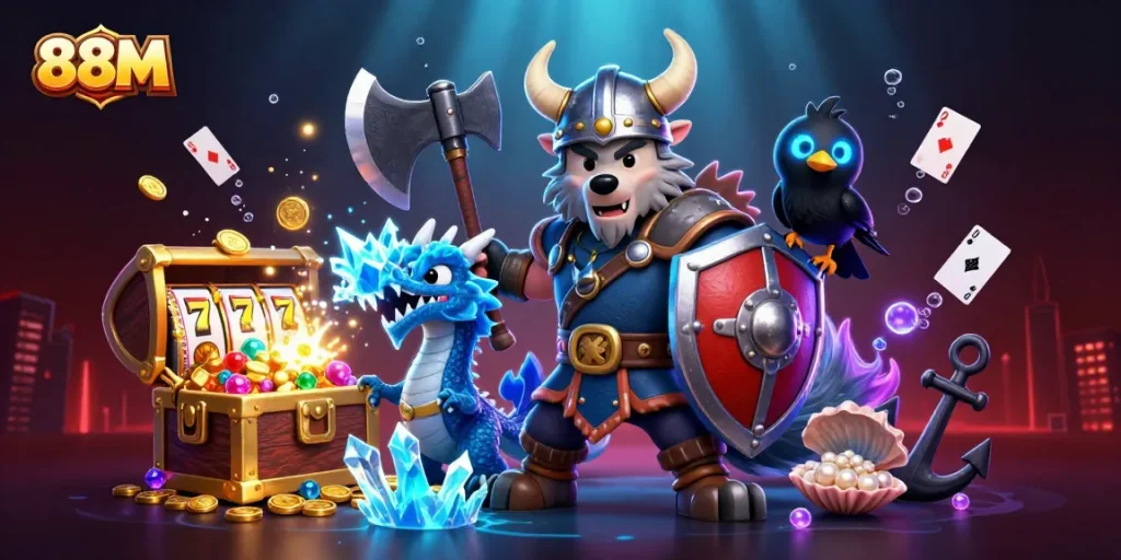 Experience the exhilarating world of 88M with cartoon characters amid floating playing cards, slot machine reels, and treasure