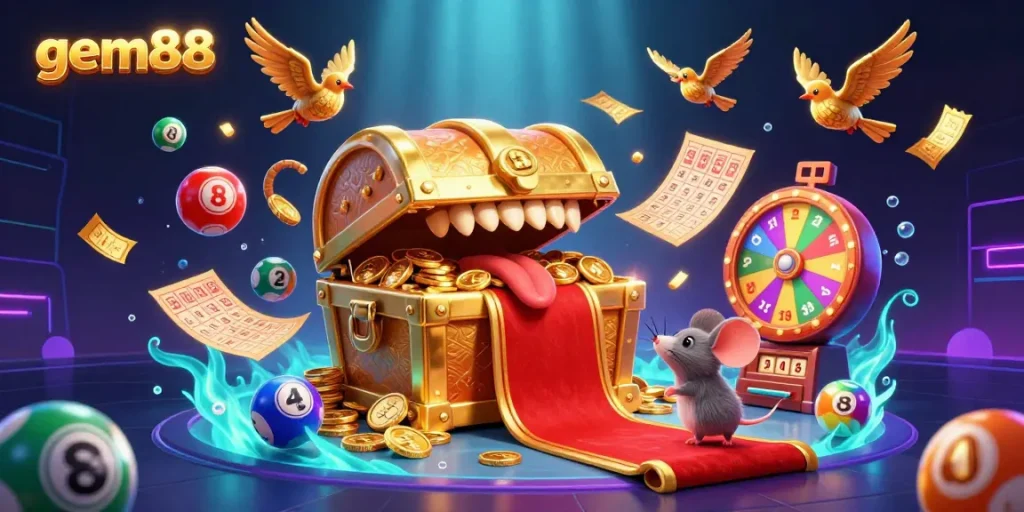 Engage with gem88's vibrant, dynamic lottery scene featuring bouncing colorful balls and enticing gaming elements.