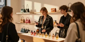 Shopper exploring Razafeti leather fragrances in a chic urban store, showcasing stylish luxury.