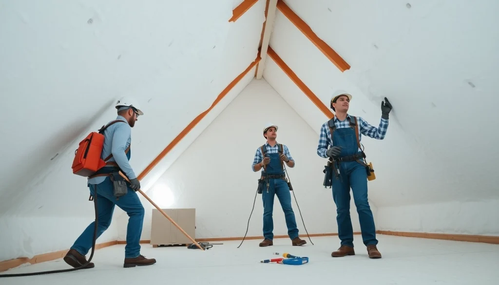 Branding contractors performing spray foam removal per m2 in a clean attic environment.