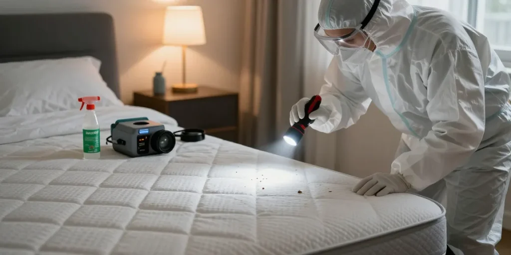 Expert inspecting bed bug treatment signs in residential bedroom for effective pest control