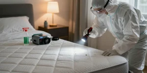 Expert inspecting bed bug treatment signs in residential bedroom for effective pest control