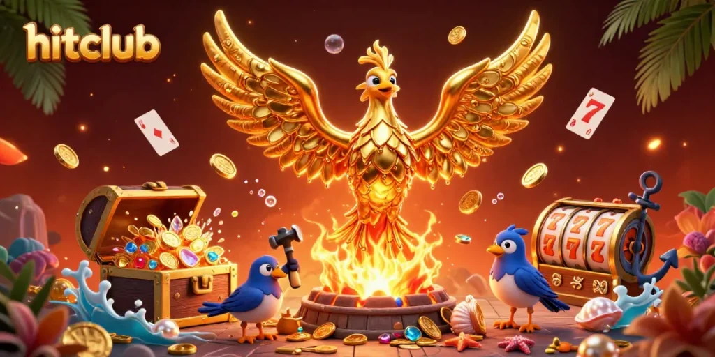 Play thrilling games at hitclub with a vibrant scene featuring a phoenix emerging from gold coins.