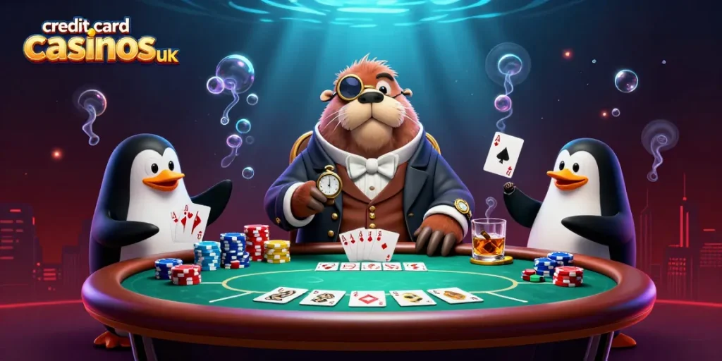Players enjoying fun at credit card casinos uk with unique poker game scene featuring whimsical characters.