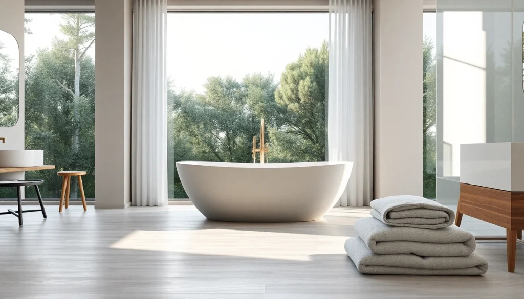 Stylish elegant bathrooms showcasing a freestanding bathtub with a garden view bathed in natural light.