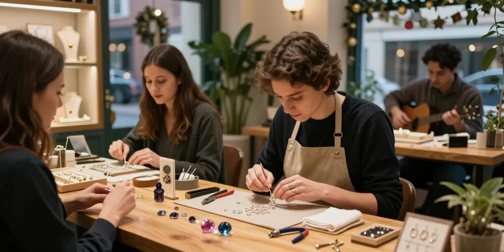 Explore personalised jewellery UK in a charming boutique, showcasing unique artisan creations and warm customer interactions.