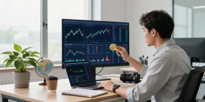 Invest in BRICS coins with a professional analyzing cryptocurrency trends in a modern office.