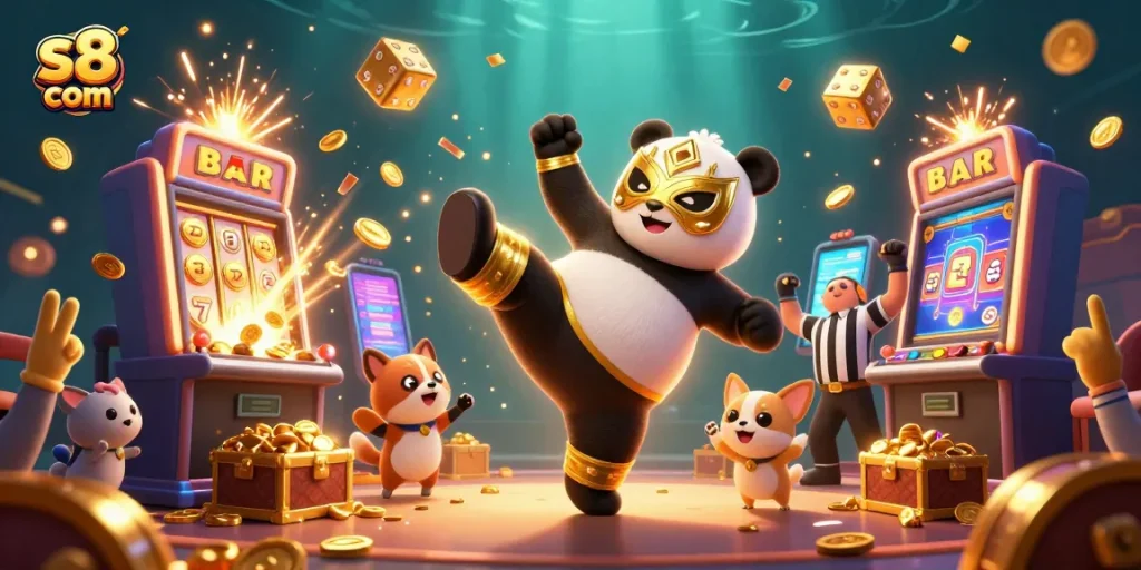 Experience the excitement of s8 com with a vibrant casino scene featuring a panda wrestler and a jackpot explosion.