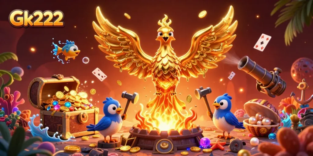 Engage with Gk222's online gaming world as a molten phoenix emerges, symbolizing wealth and excitement.