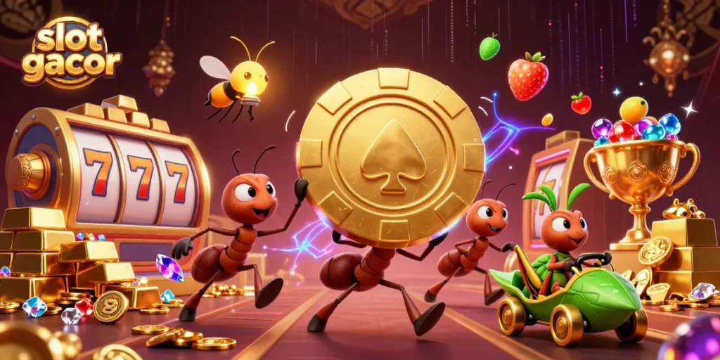 Experience slot gacor excitement with a cartoon heist featuring ants, a grasshopper driver, and golden gambling treasures.