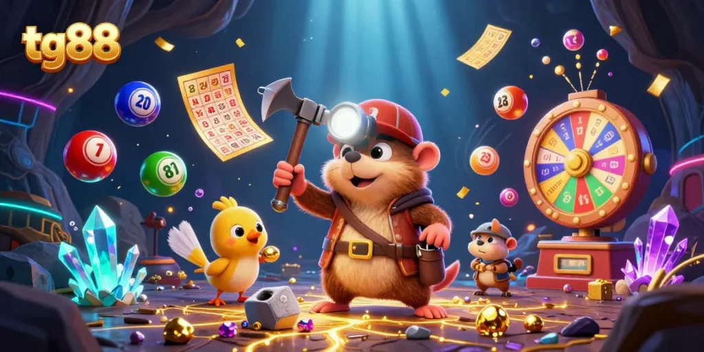 Tg88 showcases a vibrant mining adventure with a treasure hunter mole and a canary in a dazzling lottery scene.