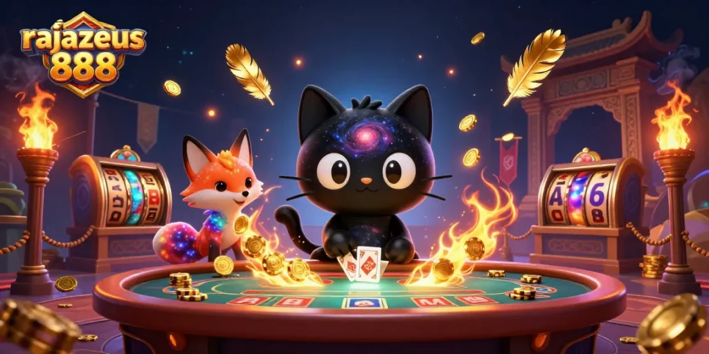 Engage with rajazeus 888 at a cosmic casino, where a black hole cat pulls in golden chips and cards.