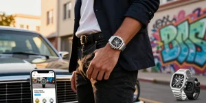 Person showcasing super clone watches in stylish urban setting with luxury details and vibrant graffiti.