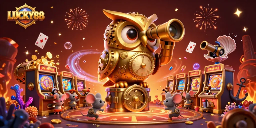 Experience winning excitement with LUCKY88, featuring a lively casino scene filled with characters and treasures.