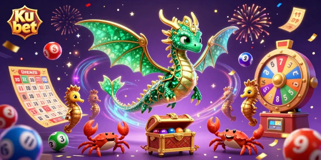 Experience the excitement of Ku bet with a dynamic 3D scene featuring a sea dragon, lottery elements, and rich casino visuals.