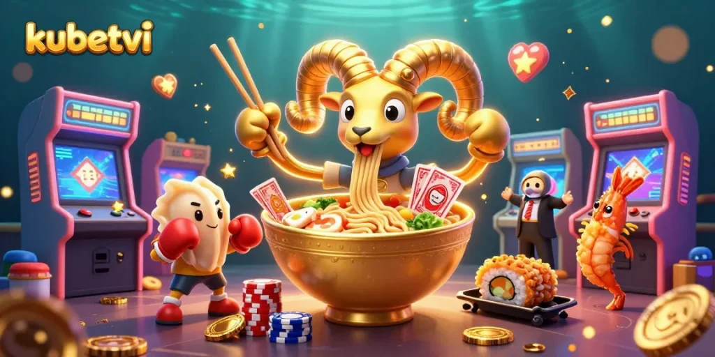 Engage with exciting kubetvi gaming action featuring a giant ramen bowl dealer and vibrant casino elements.