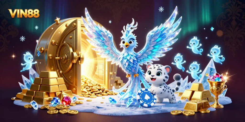 VIN88 Casino: A vibrant scene featuring an ice phoenix and a snow leopard with poker elements.