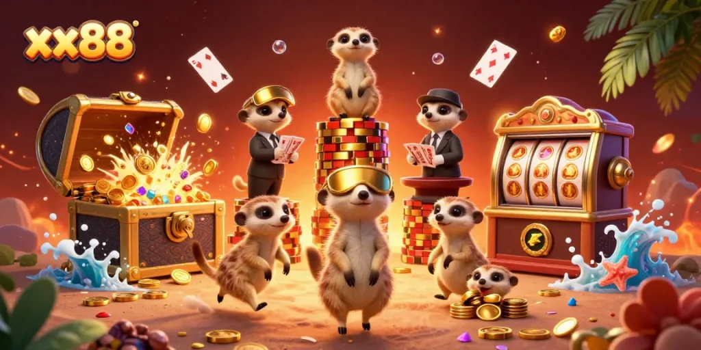 Experience thrilling casino gaming at xx88 with exciting meerkat characters in a vibrant scene.