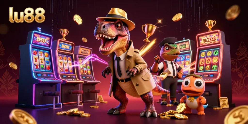 Experience thrilling moments at lu88 with a velociraptor card counter and vibrant slot games.