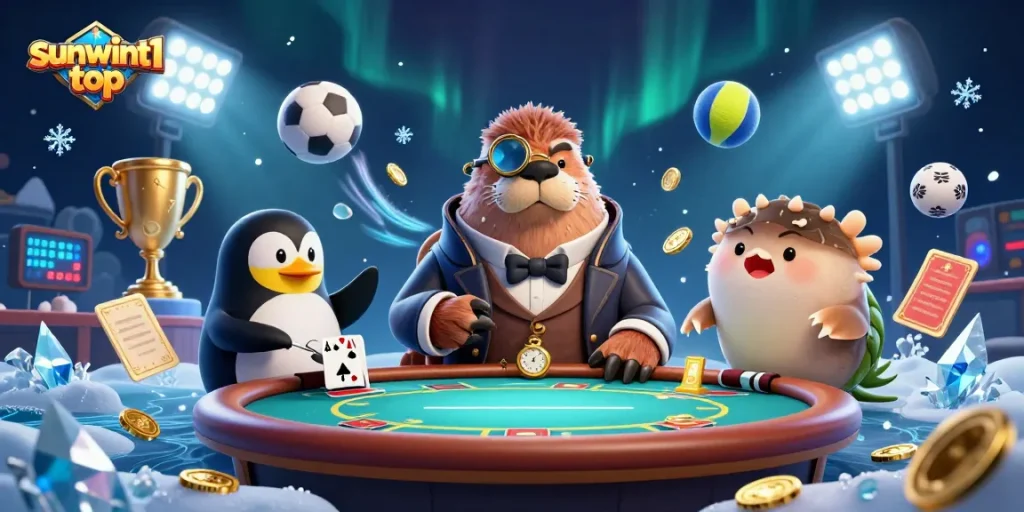 Experience the thrilling action at sunwint1 top with a lively underwater poker game featuring a walrus and friends.