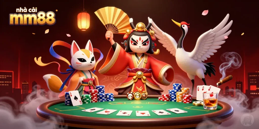 Experience thrilling action at nhà cái mm88 with a vibrant 3D depiction of poker excitement and cultural elements.