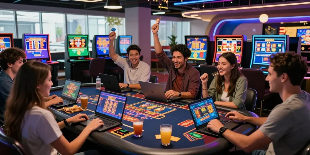 Exploring credit card gaming options at an online casino with friends, showcasing vibrant atmosphere and engaging gaming.