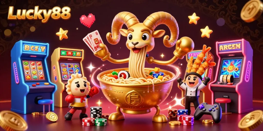 Engaging Lucky88 illustration with a vibrant 3D cartoon ramen bowl, slot reels, and cheering tempura shrimp.