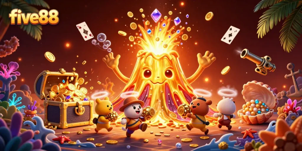 Engage in the thrilling five88 experience with a vibrant casino scene featuring a golden volcanic eruption of treasures.