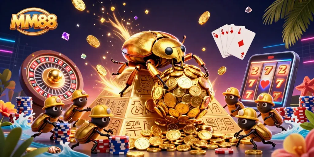 Experience excitement with MM88 as golden beetles roll coins in a vibrant casino scene.